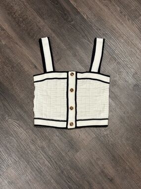 SHEIN White Textured Crop Tank with Black Trim and Gold Buttons